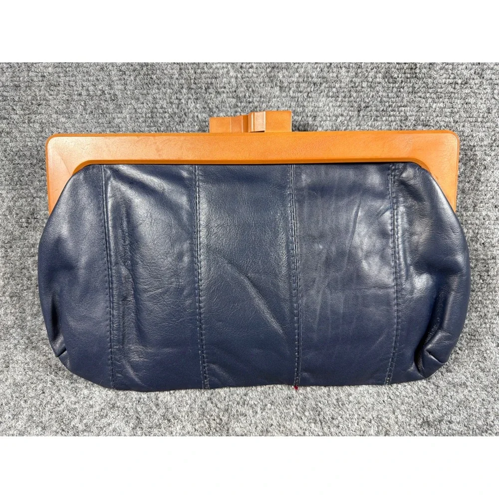 Vintage Navy Blue Genuine Leather Kiss Lock Clutch Wood Look Frame 12 Inch